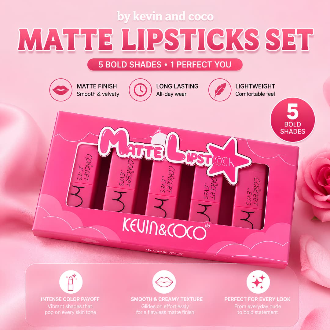 KEVIN & COCO 5PCS Velvet Matte Lipstick Set β Long Lasting, Lightweight, Premium Gift Box
