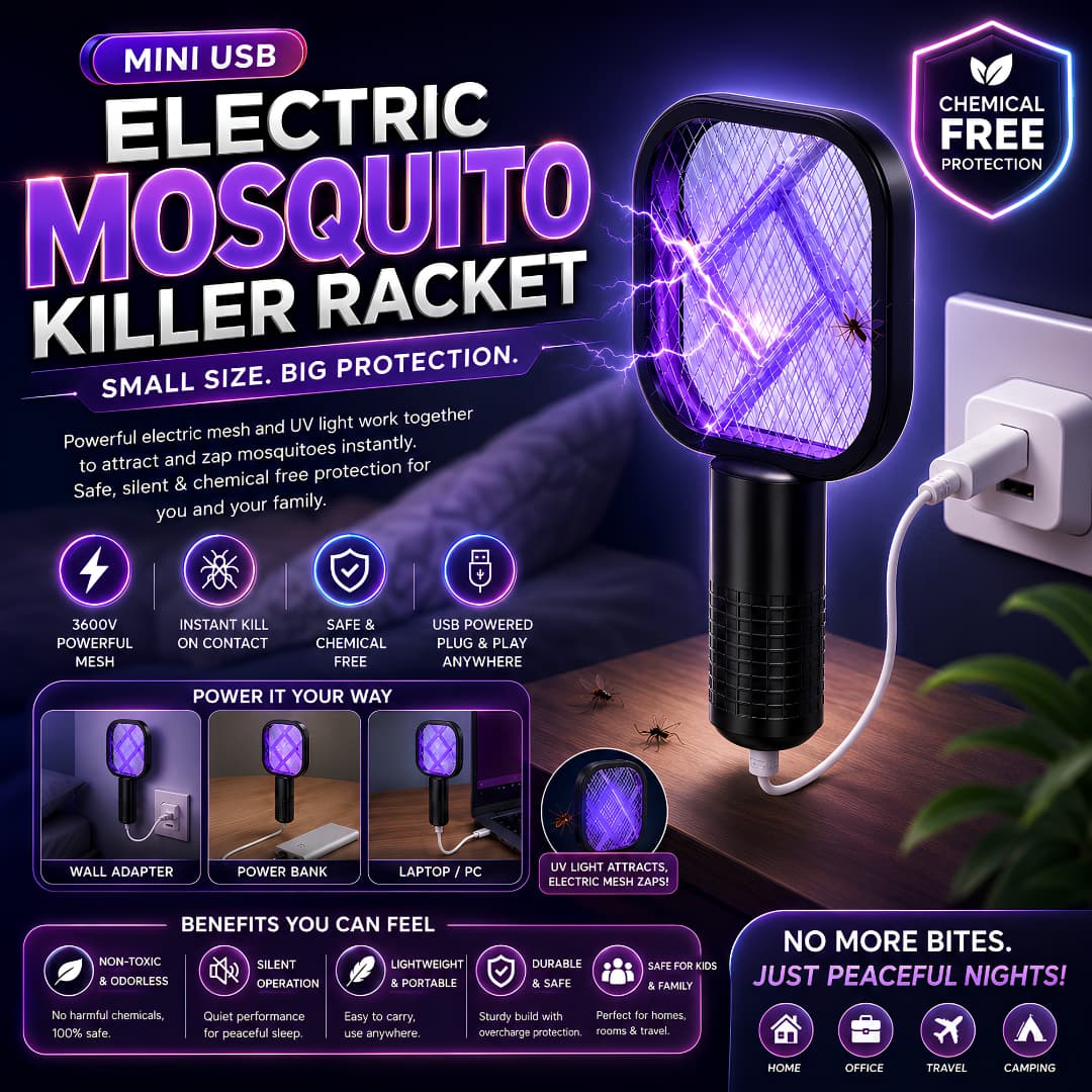 USB Rechargeable Electric Mosquito Killer Racket – Powerful Insect Zapper