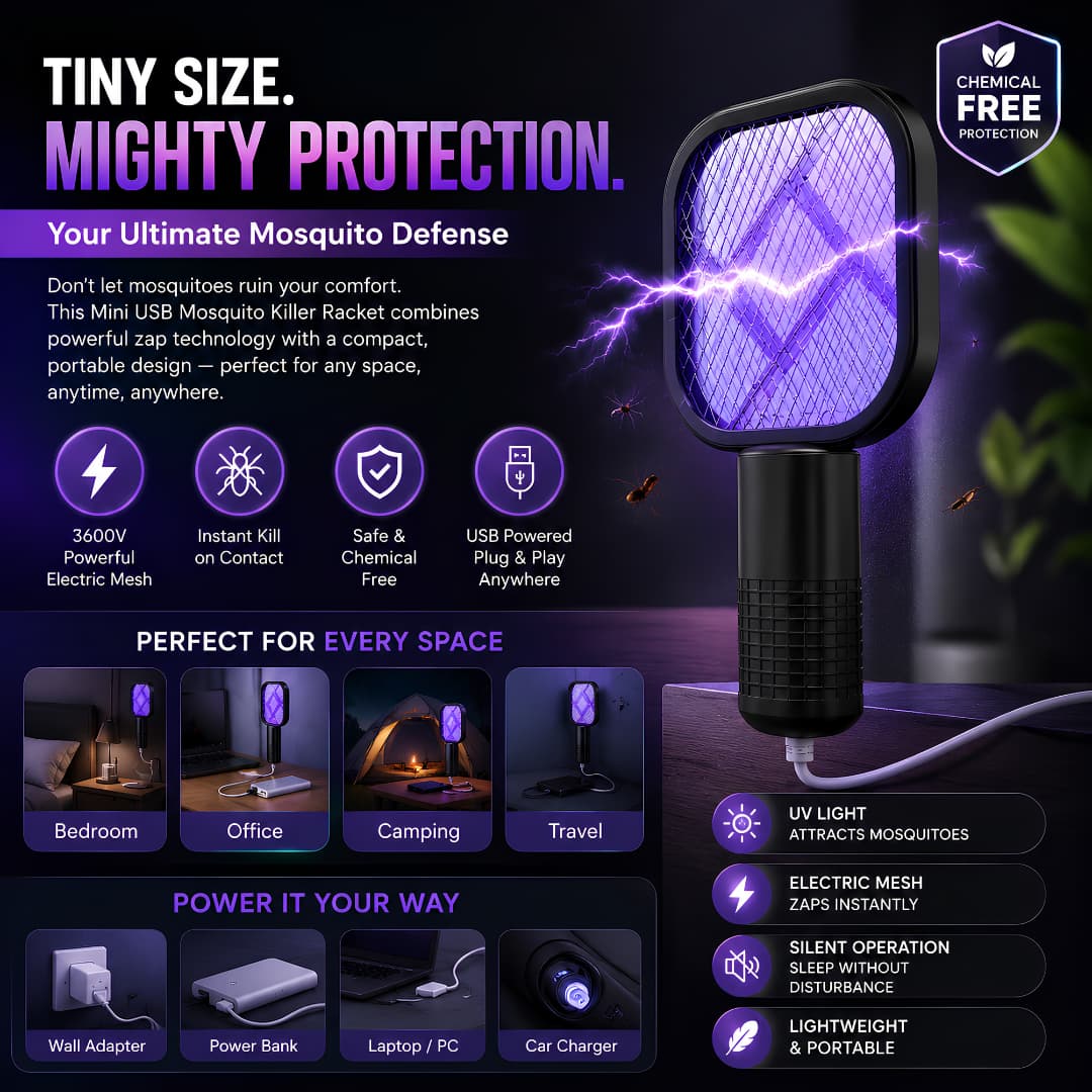 USB Rechargeable Electric Mosquito Killer Racket – Powerful Insect Zapper
