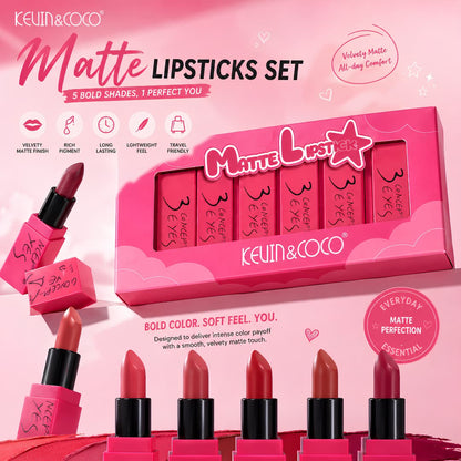 KEVIN & COCO 5PCS Velvet Matte Lipstick Set – Long Lasting, Lightweight, Premium Gift Box