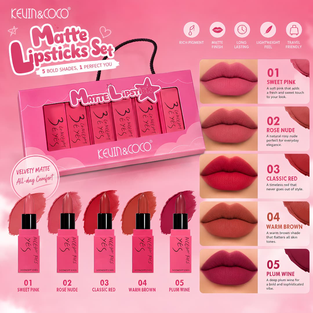 KEVIN & COCO 5PCS Velvet Matte Lipstick Set – Long Lasting, Lightweight, Premium Gift Box