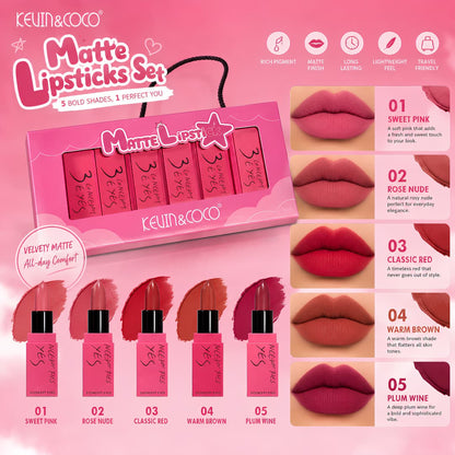 KEVIN & COCO 5PCS Velvet Matte Lipstick Set – Long Lasting, Lightweight, Premium Gift Box