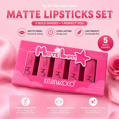 KEVIN & COCO 5PCS Velvet Matte Lipstick Set – Long Lasting, Lightweight, Premium Gift Box