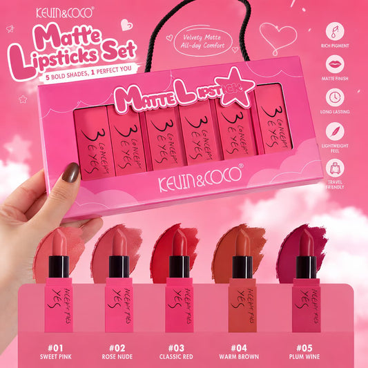 KEVIN & COCO 5PCS Velvet Matte Lipstick Set – Long Lasting, Lightweight, Premium Gift Box